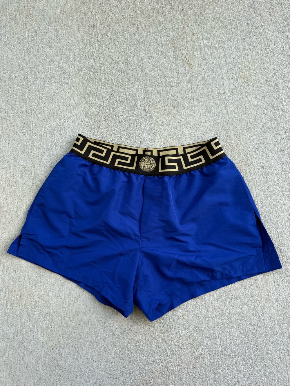 Men’s Versace Icon Greca Greek Waistband Swim Shorts Blue Men’s Size 3 / US M